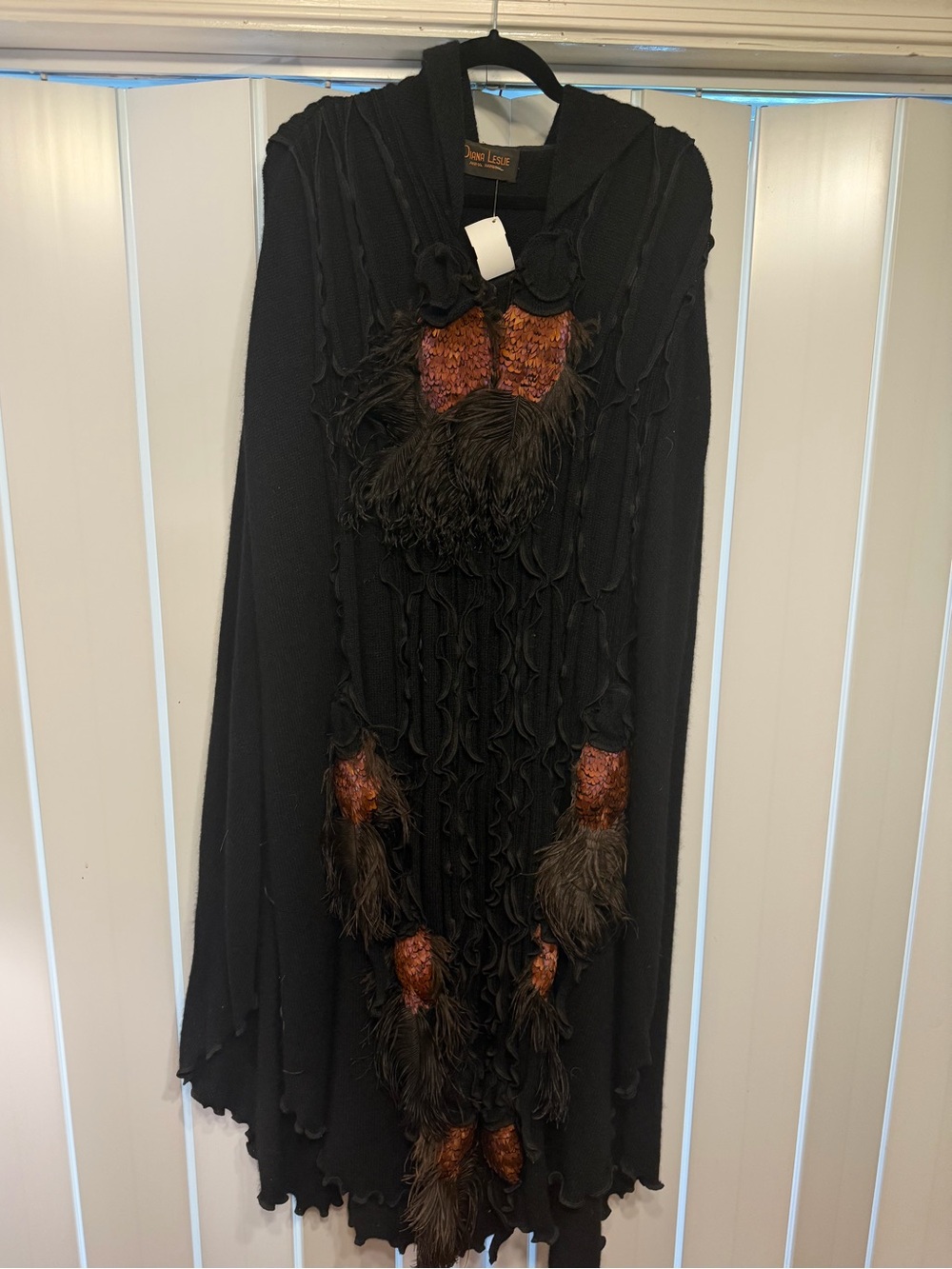 Black Embellished Hooded Dress with Feather Accents